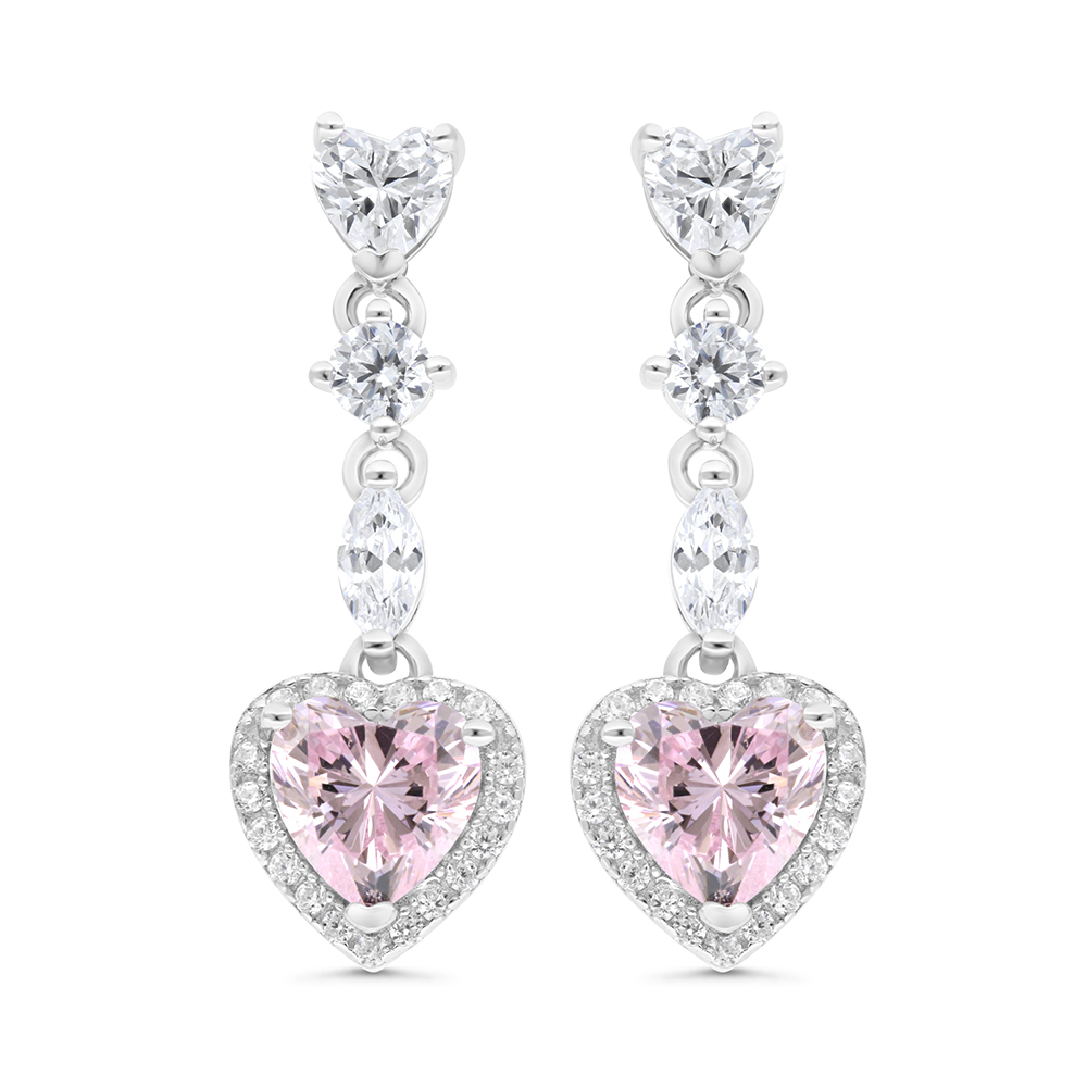 Sterling Silver 925 Earring Rhodium Plated Embedded With Pink Zircon And White CZ