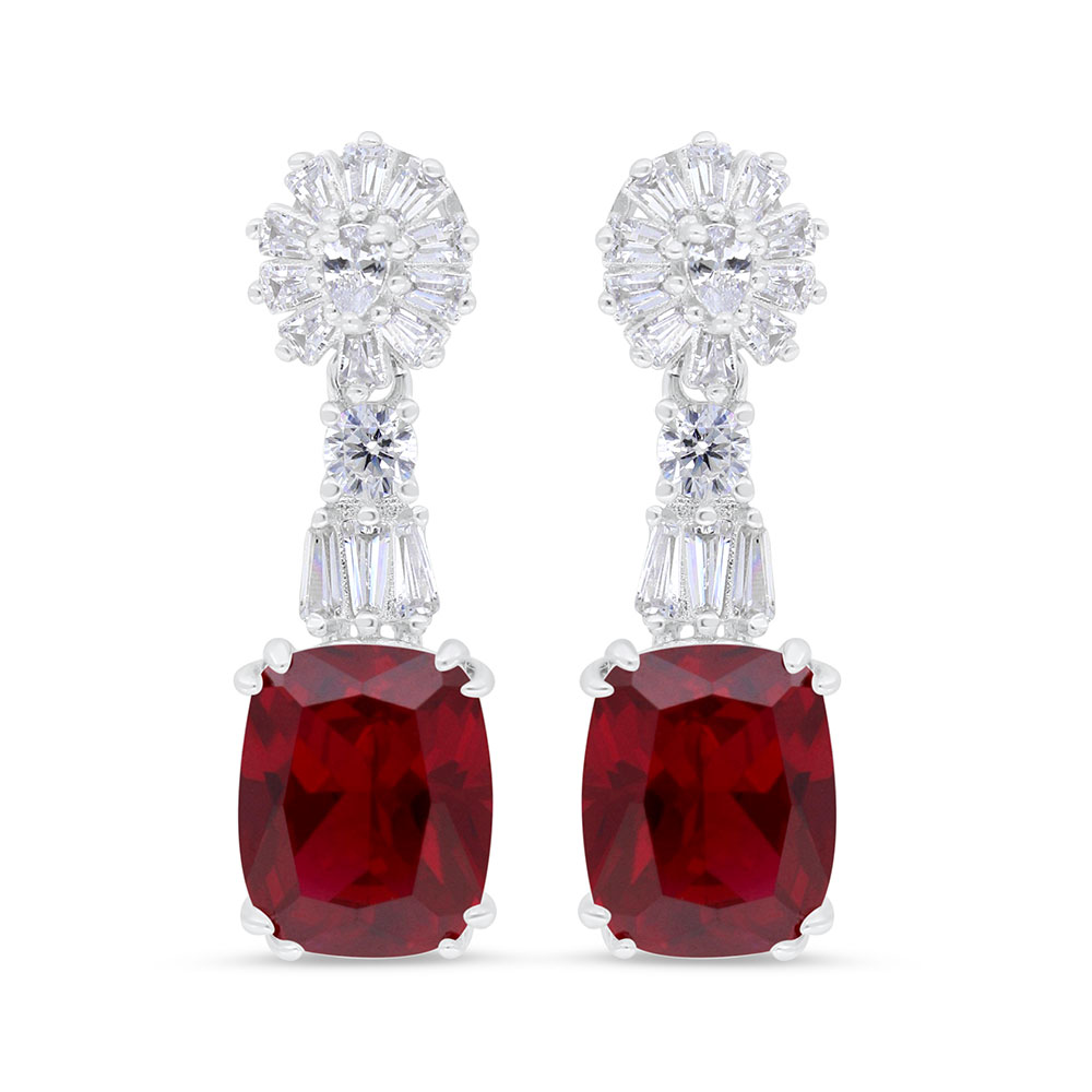 Sterling Silver 925 Earring Rhodium Plated Embedded With Ruby Corundum And White CZ