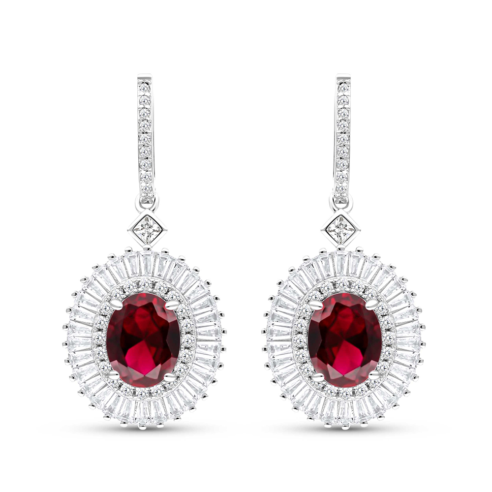 Sterling Silver 925 Earring Rhodium Plated Embedded With Ruby Corundum And White CZ