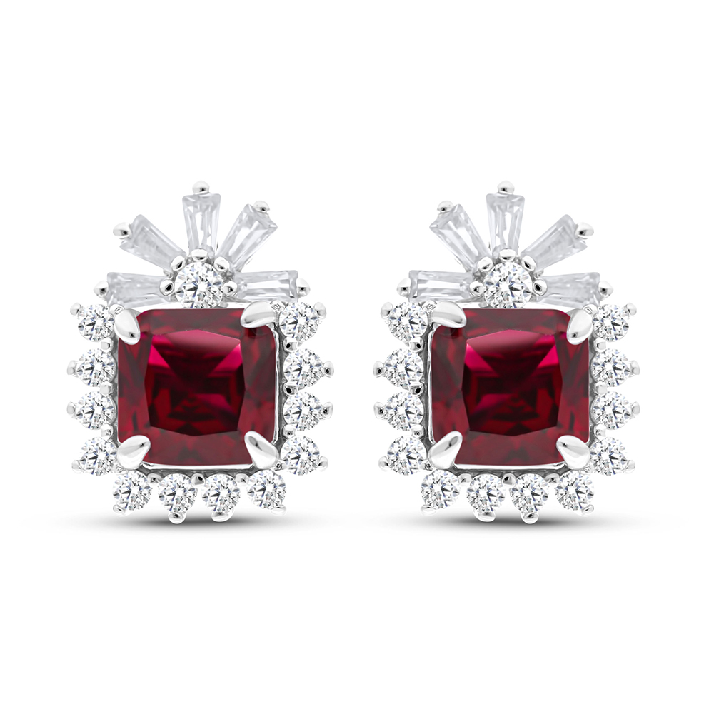 Sterling Silver 925 Earring Rhodium Plated Embedded With Ruby Corundum And White CZ