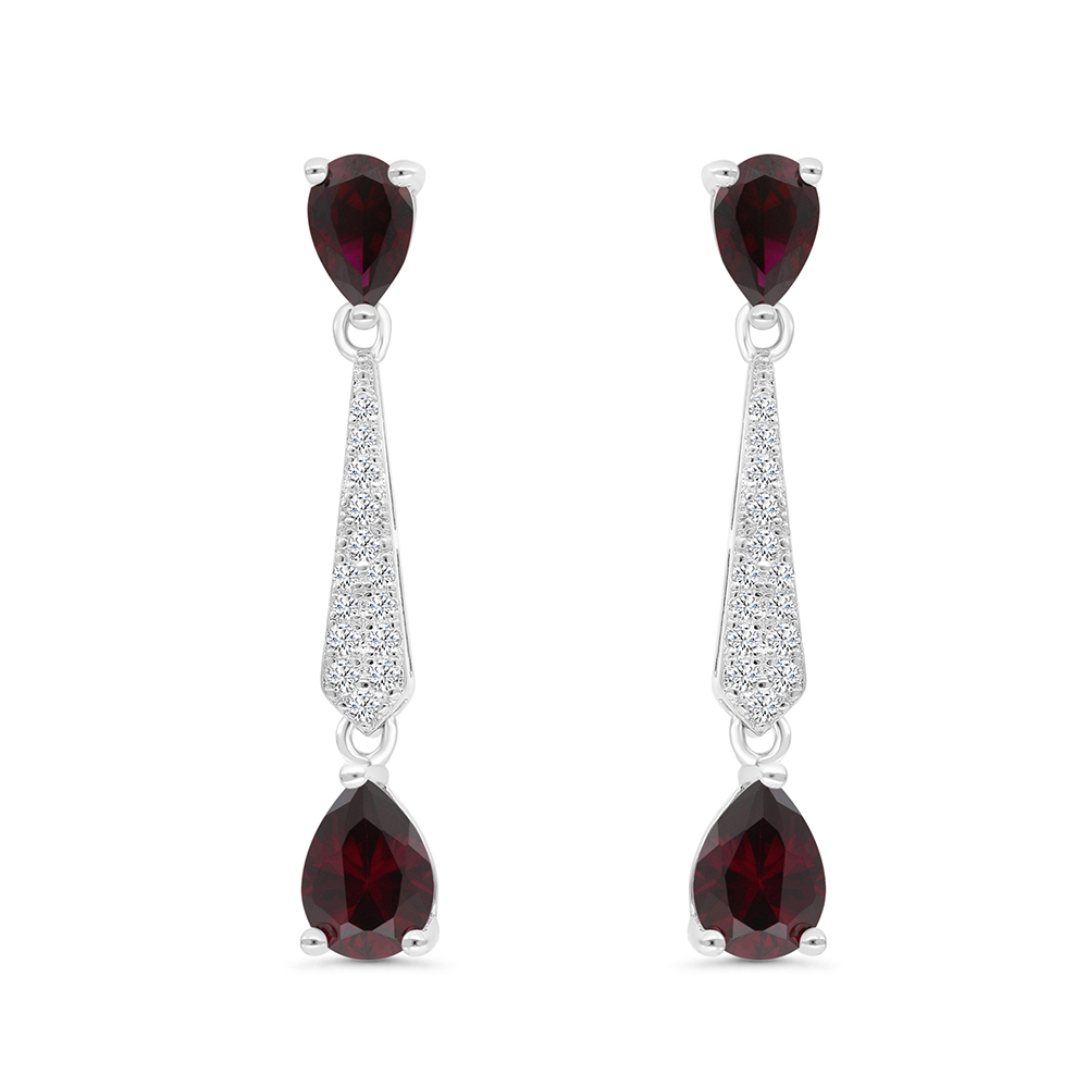 Sterling Silver 925 Earring Rhodium Plated Embedded With Ruby Corundum And White CZ