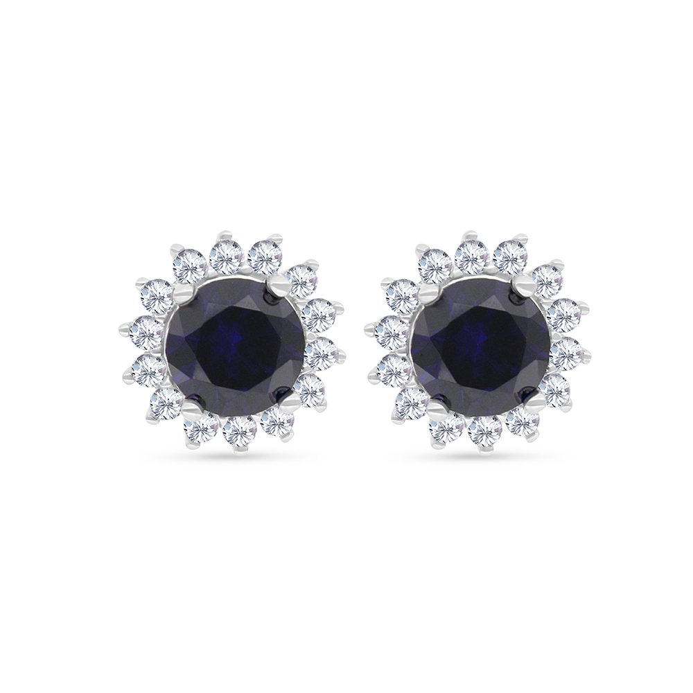 Sterling Silver 925 Earring Rhodium Plated Embedded With Sapphire Corundum And White CZ