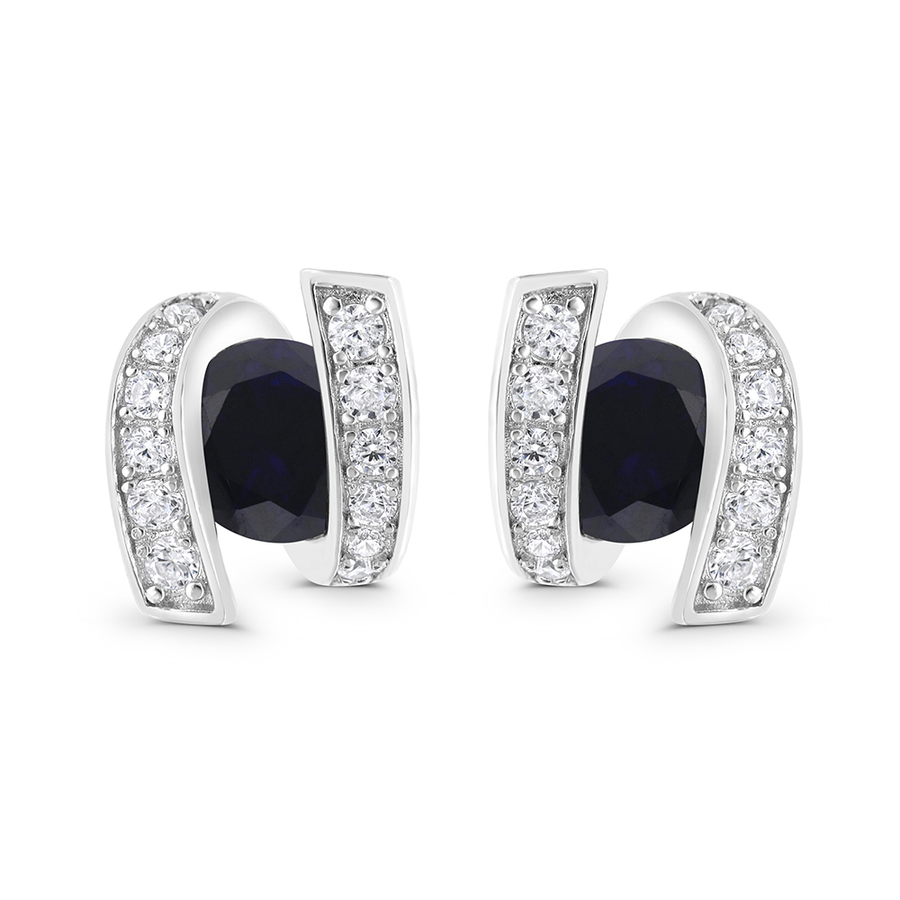 Sterling Silver 925 Earring Rhodium Plated Embedded With Sapphire Corundum And White CZ