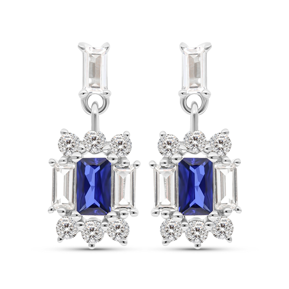 Sterling Silver 925 Earring Rhodium Plated Embedded With Sapphire Corundum And White CZ