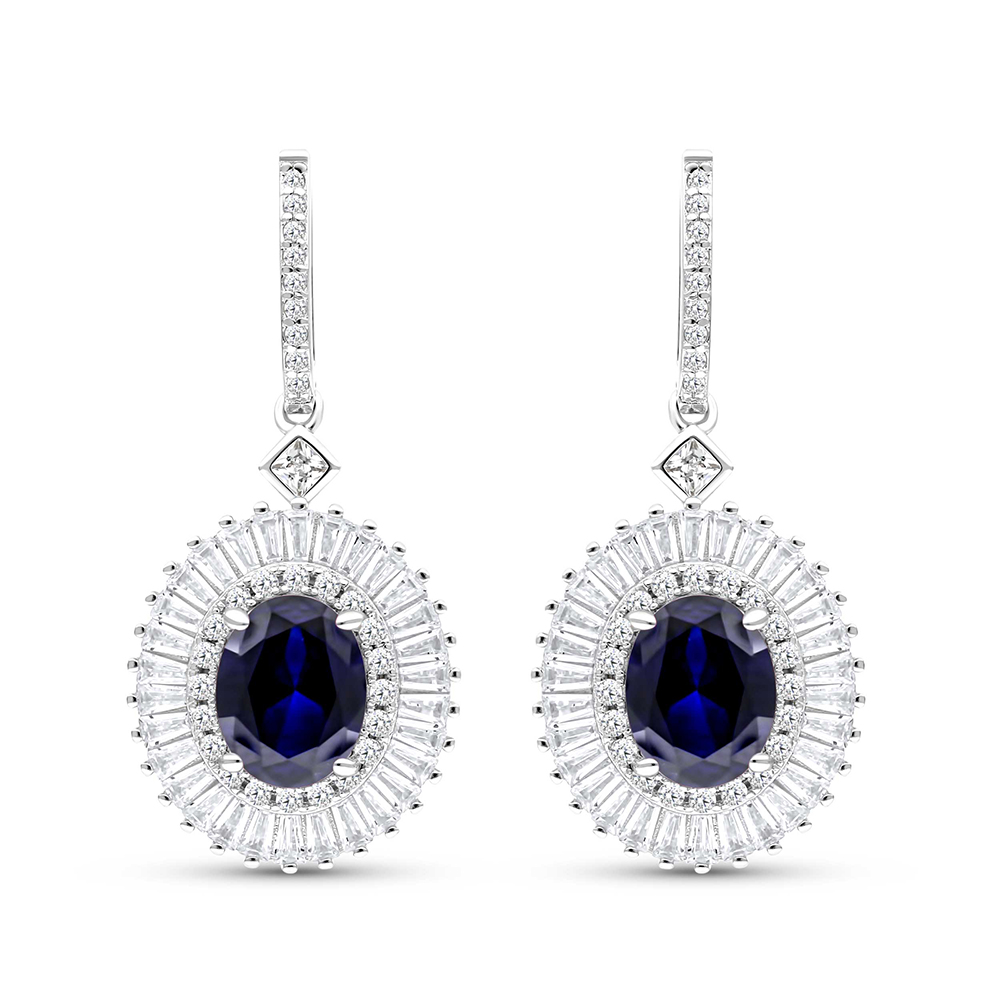 Sterling Silver 925 Earring Rhodium Plated Embedded With Sapphire Corundum And White CZ