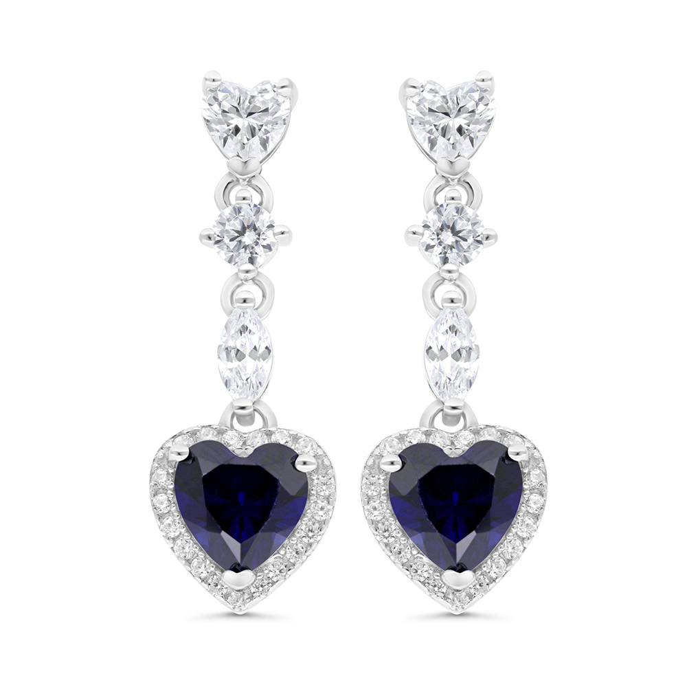 Sterling Silver 925 Earring Rhodium Plated Embedded With Sapphire Corundum And White CZ