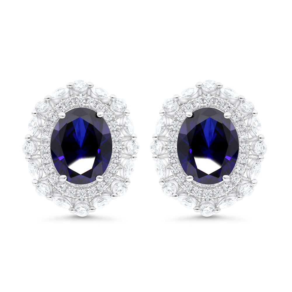 Sterling Silver 925 Earring Rhodium Plated Embedded With Sapphire Corundum And White CZ