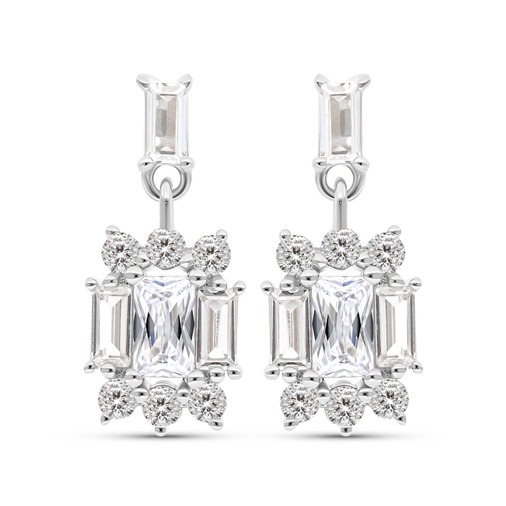 Sterling Silver 925 Earring Rhodium Plated Embedded With White CZ