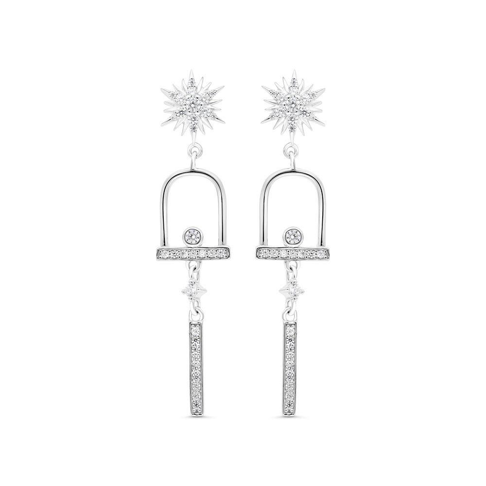 Sterling Silver 925 Earring Rhodium Plated Embedded With White CZ