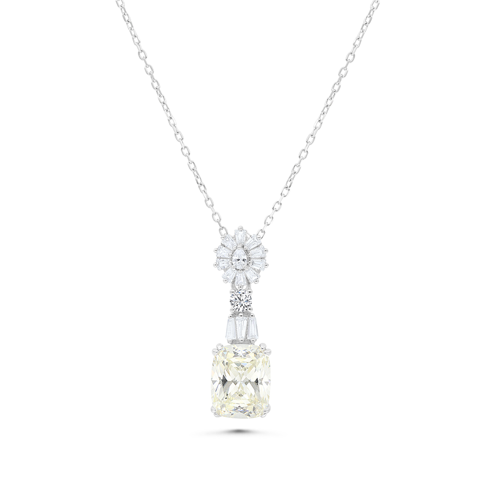 Sterling Silver 925 Necklace Rhodium Plated Embedded With Yellow Zircon And White CZ