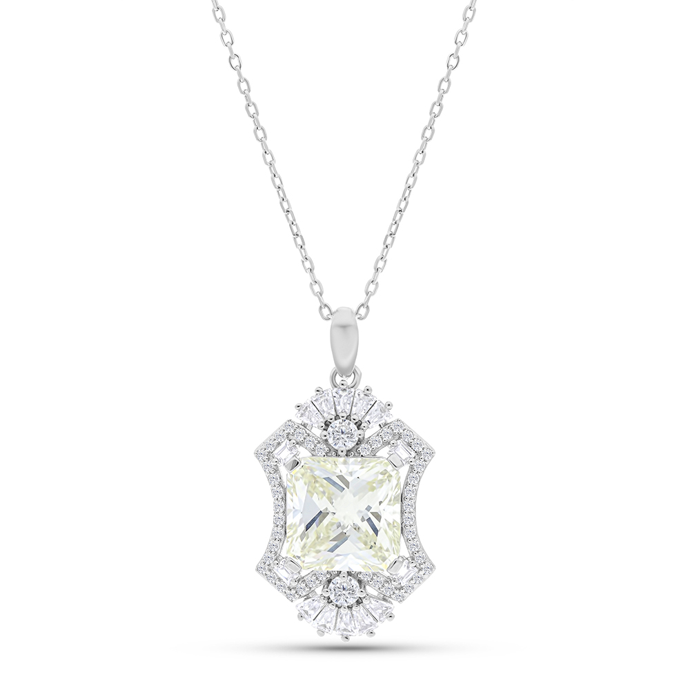 Sterling Silver 925 Necklace Rhodium Plated Embedded With Yellow Zircon And White CZ