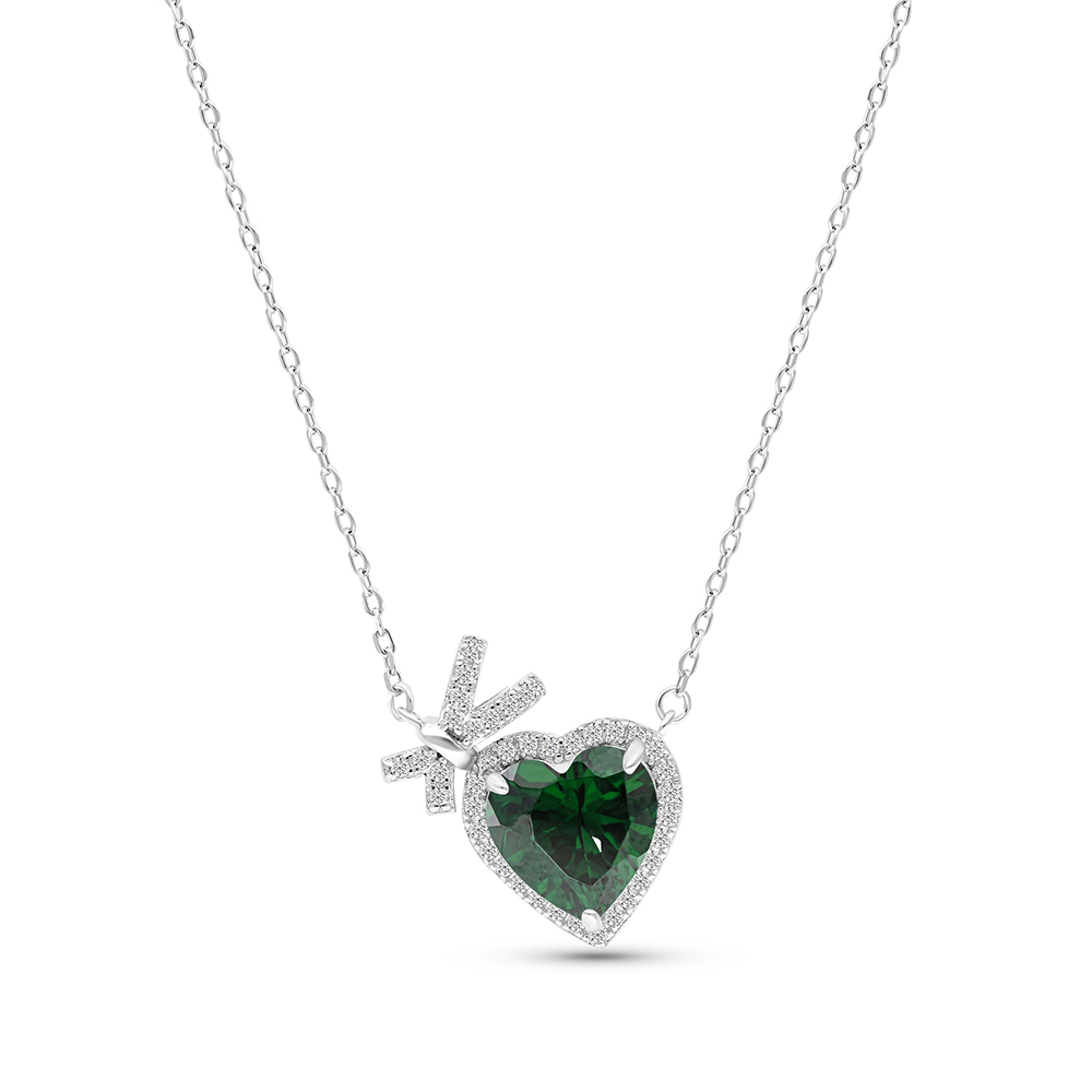 Sterling Silver 925 Necklace Rhodium Plated Embedded With Emerald Zircon And White CZ