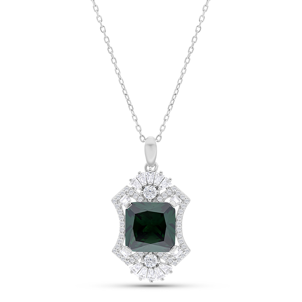 Sterling Silver 925 Necklace Rhodium Plated Embedded With Emerald Zircon And White CZ