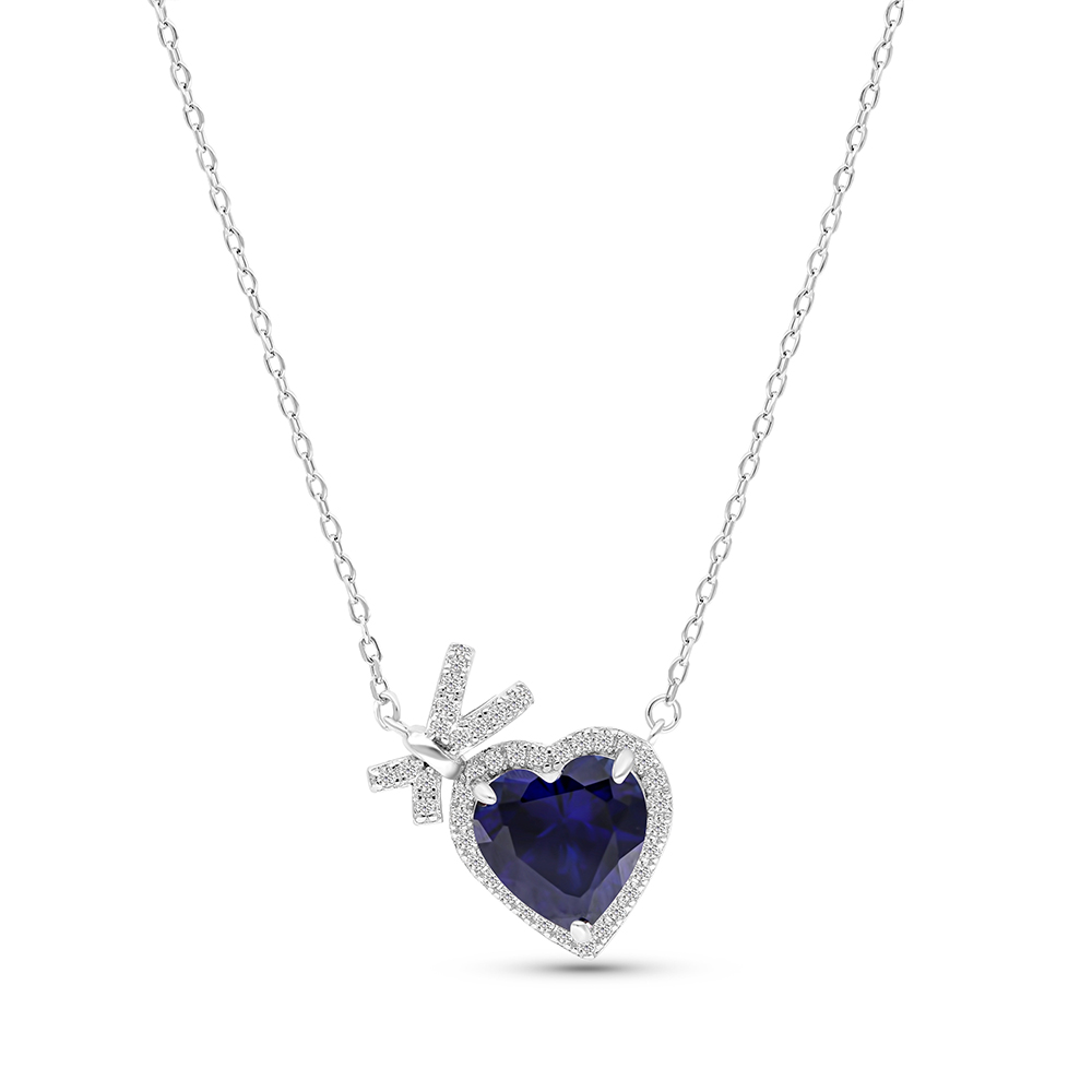 Sterling Silver 925 Necklace Rhodium Plated Embedded With Sapphire Corundum And White CZ