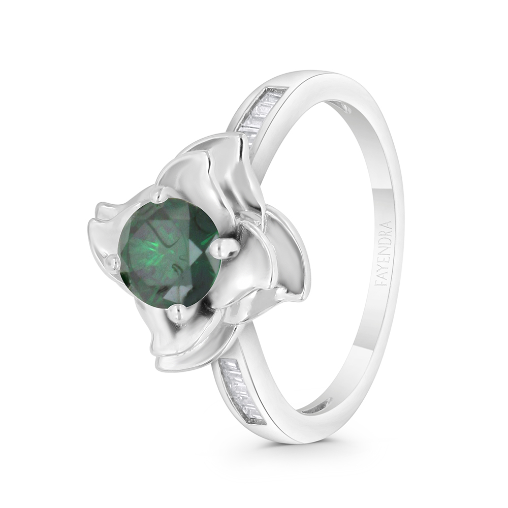 Sterling Silver 925 Ring Rhodium Plated Embedded With Emerald Zircon And White CZ