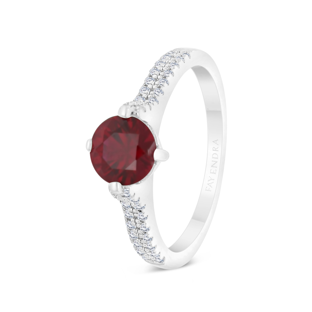 Sterling Silver 925 Ring Rhodium Plated Embedded With Ruby Corundum And White CZ