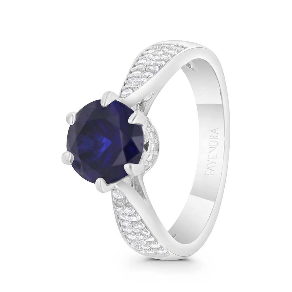 Sterling Silver 925 Ring Rhodium Plated Embedded With Sapphire Corundum And White CZ