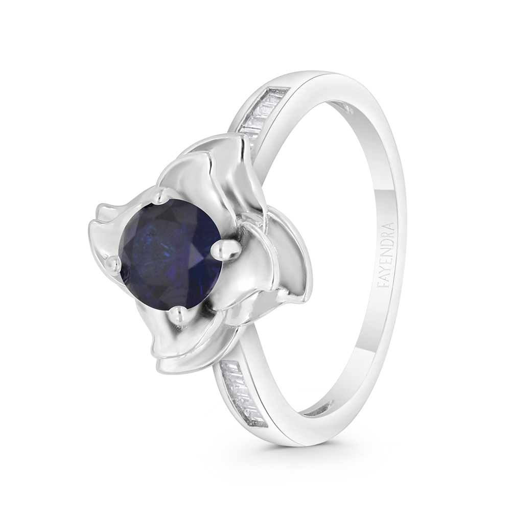 Sterling Silver 925 Ring Rhodium Plated Embedded With Sapphire Corundum And White CZ