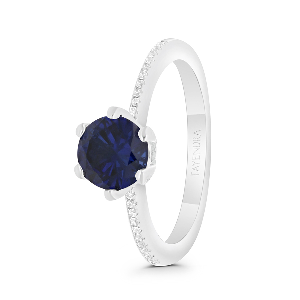 Sterling Silver 925 Ring Rhodium Plated Embedded With Sapphire Corundum And White CZ