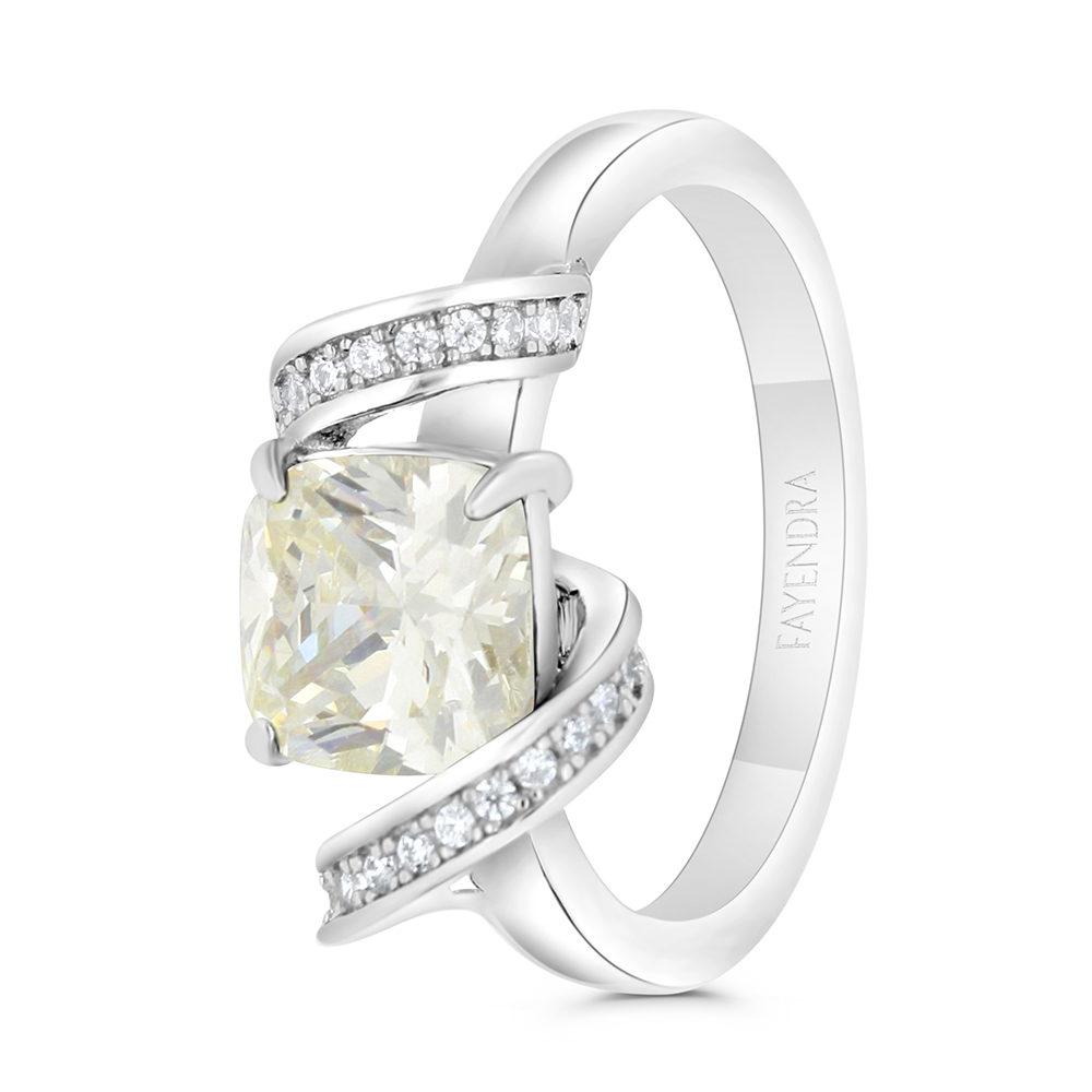 Sterling Silver 925 Ring Rhodium Plated Embedded With Yellow Zircon And White CZ