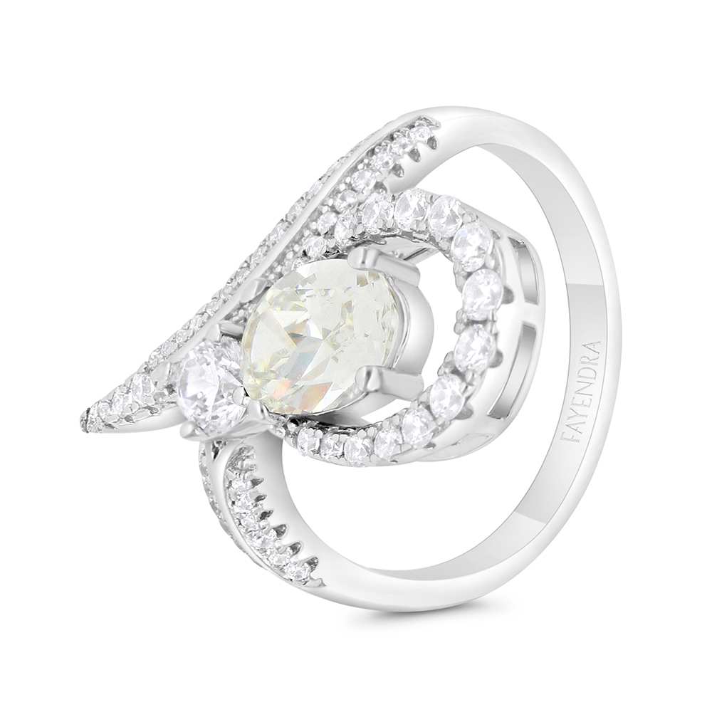 Sterling Silver 925 Ring Rhodium Plated Embedded With Yellow Zircon And White CZ