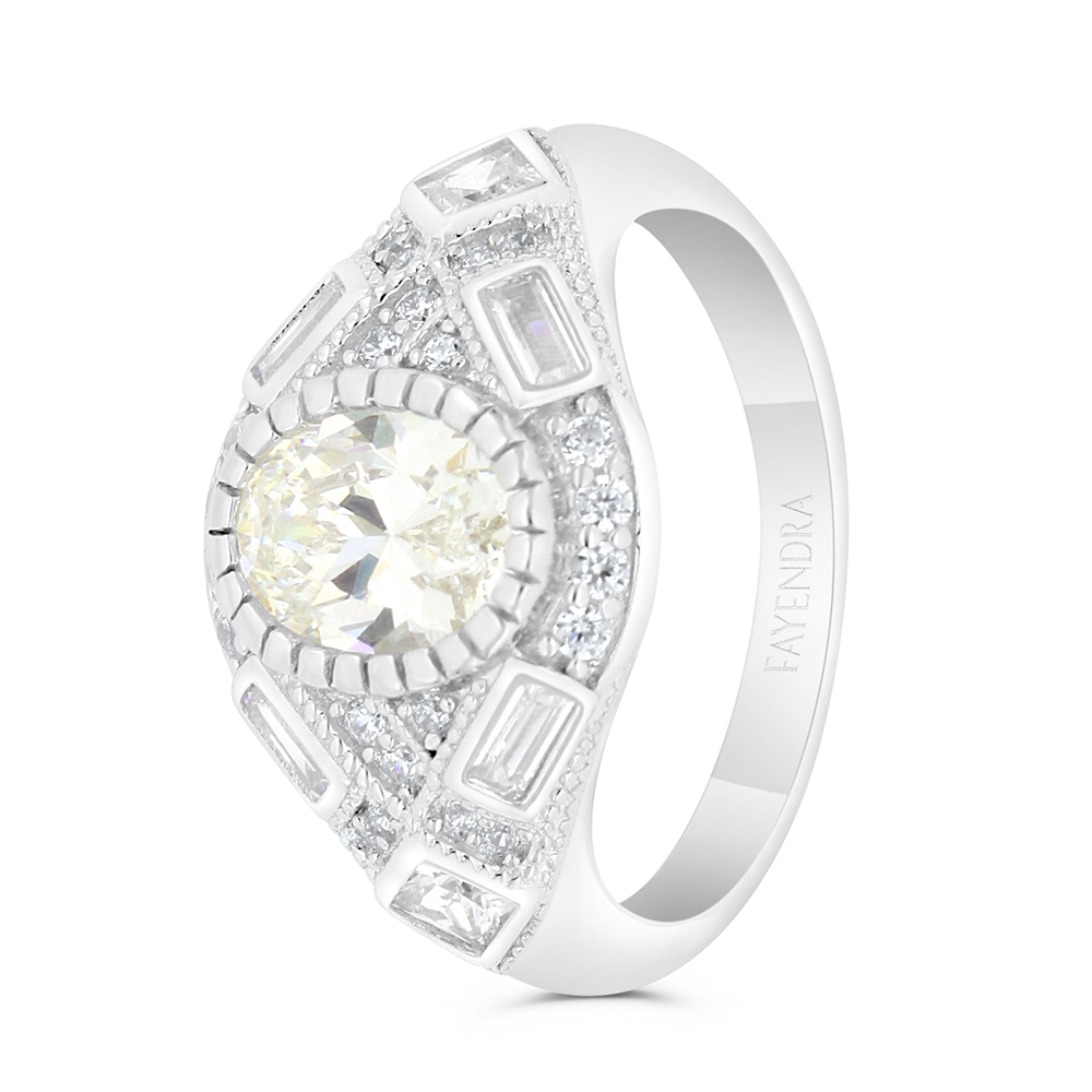 Sterling Silver 925 Ring Rhodium Plated Embedded With Yellow Zircon And White CZ