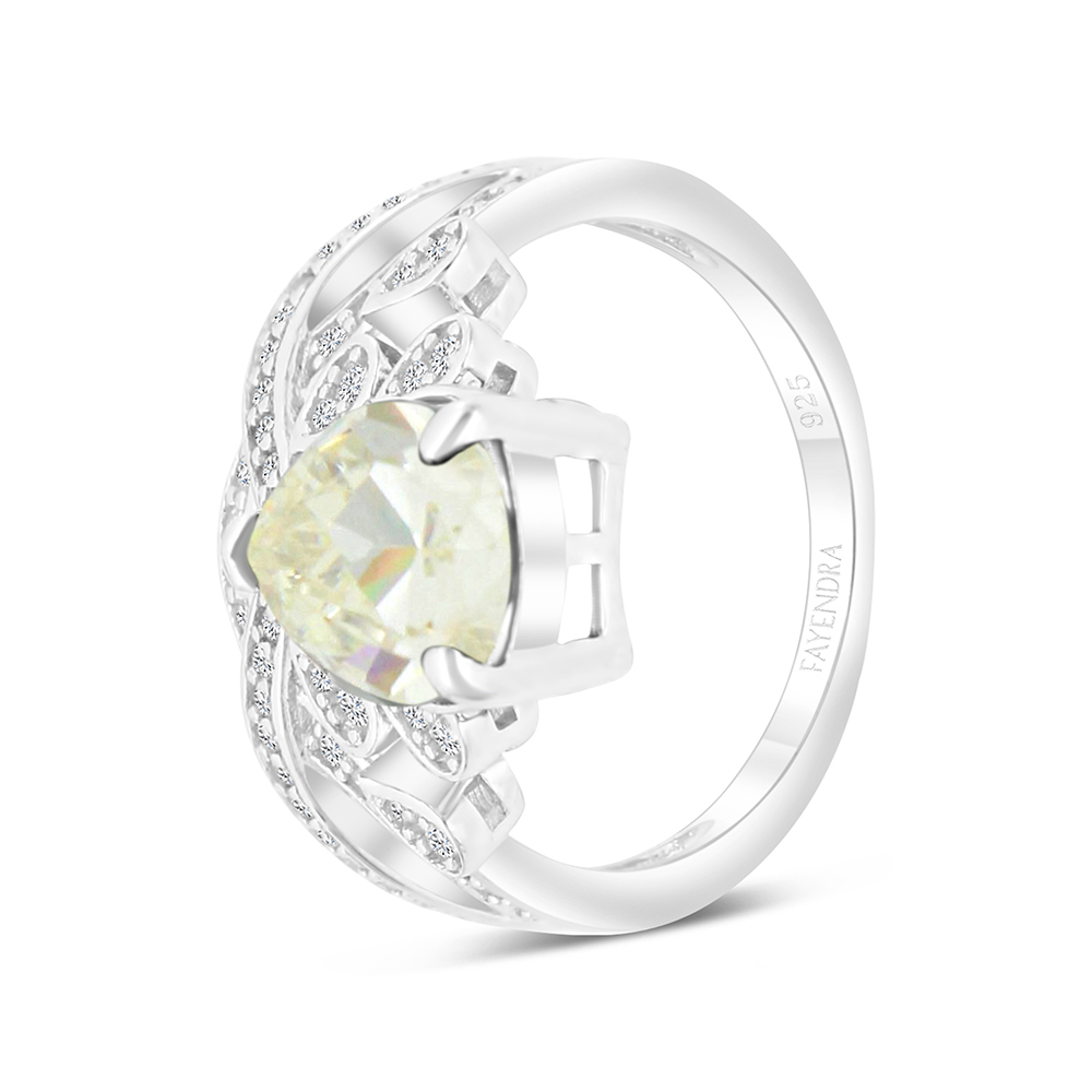 Sterling Silver 925 Ring Rhodium Plated Embedded With Yellow Zircon And White CZ