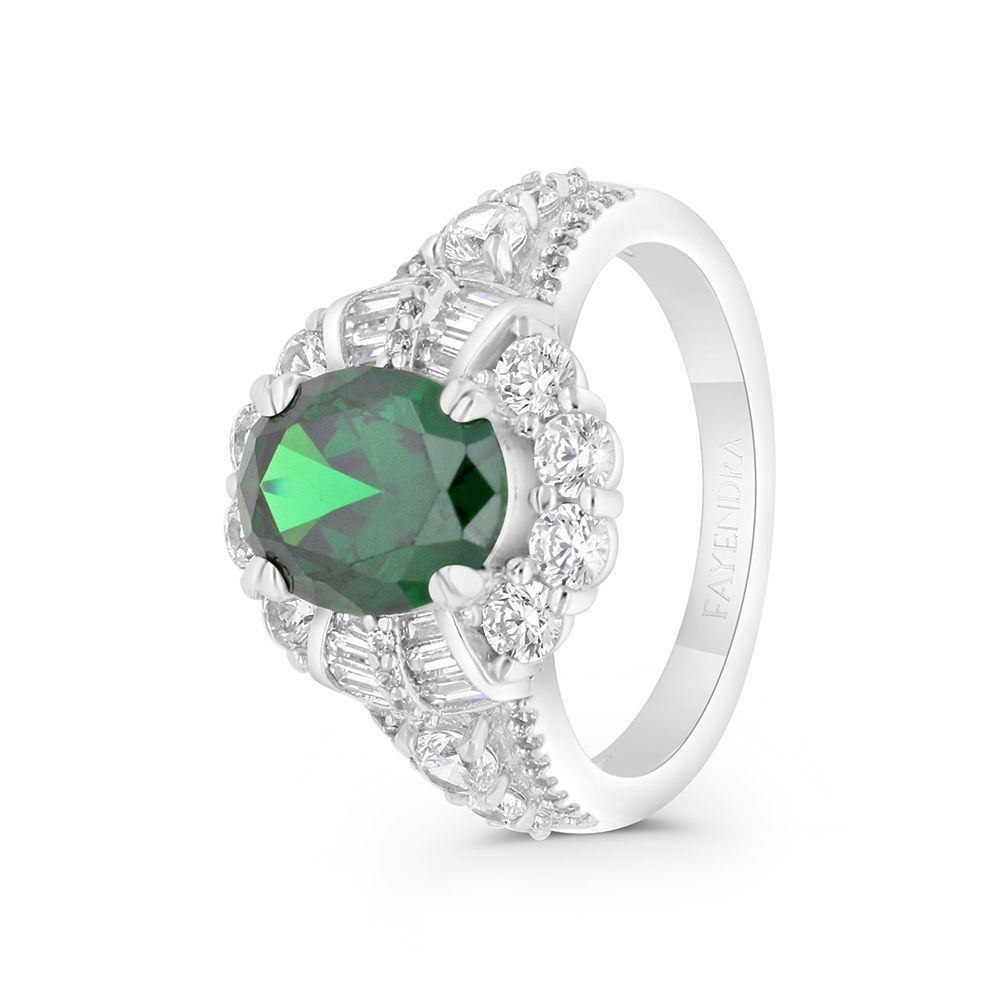 Sterling Silver 925 Ring Rhodium Plated Embedded With Emerald Zircon And White CZ