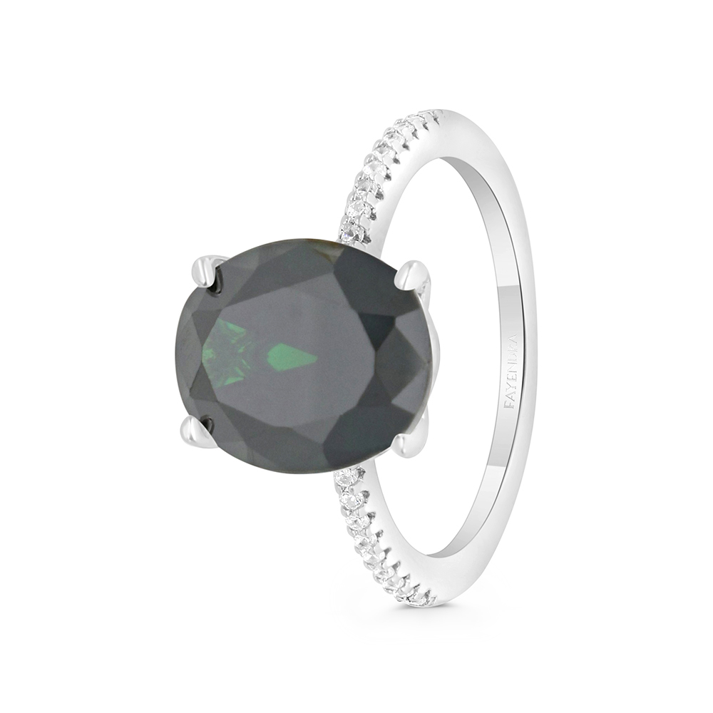 Sterling Silver 925 Ring Rhodium Plated Embedded With Emerald Zircon And White CZ