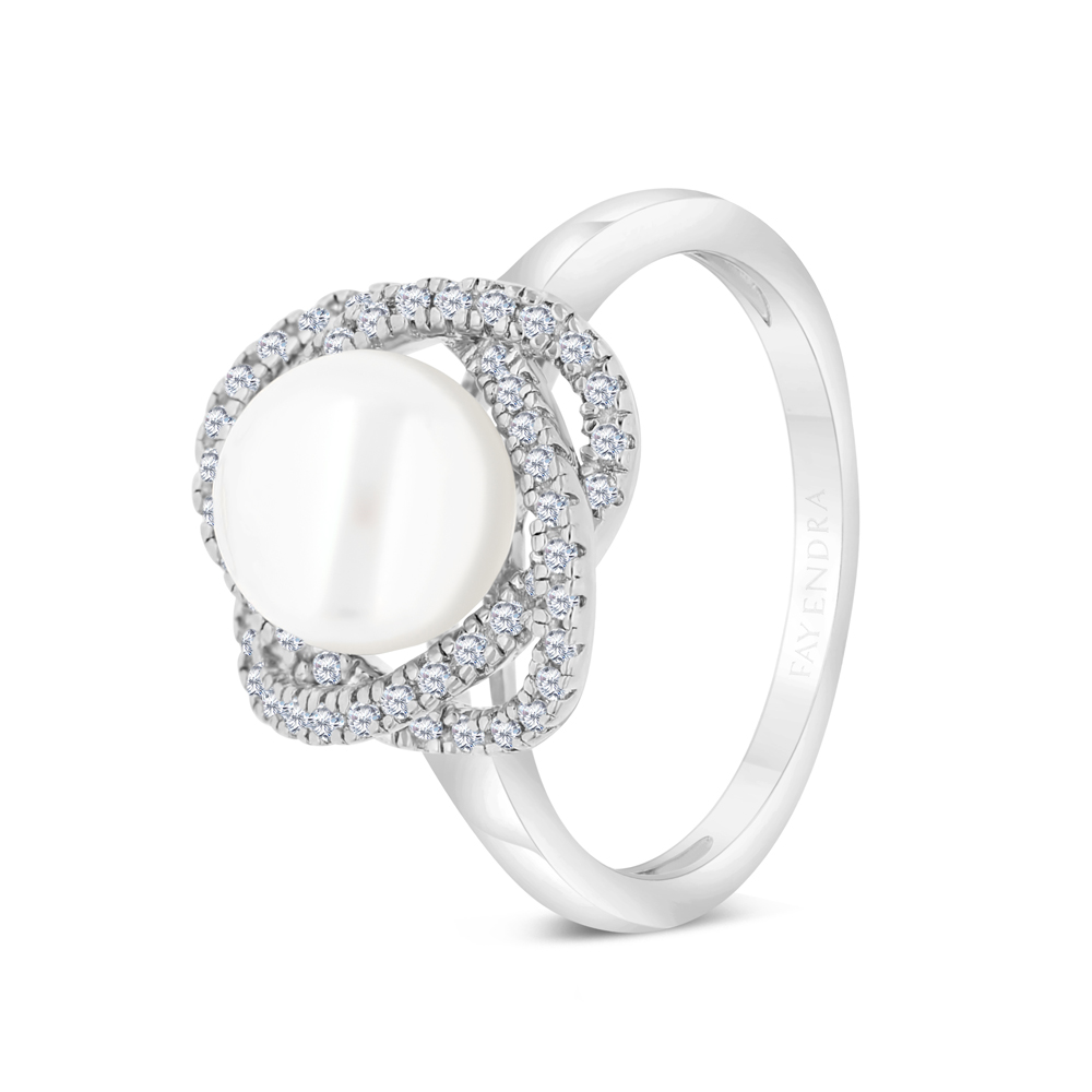 Sterling Silver 925 Ring Rhodium Plated Embedded With White Shell Pearl And White CZ