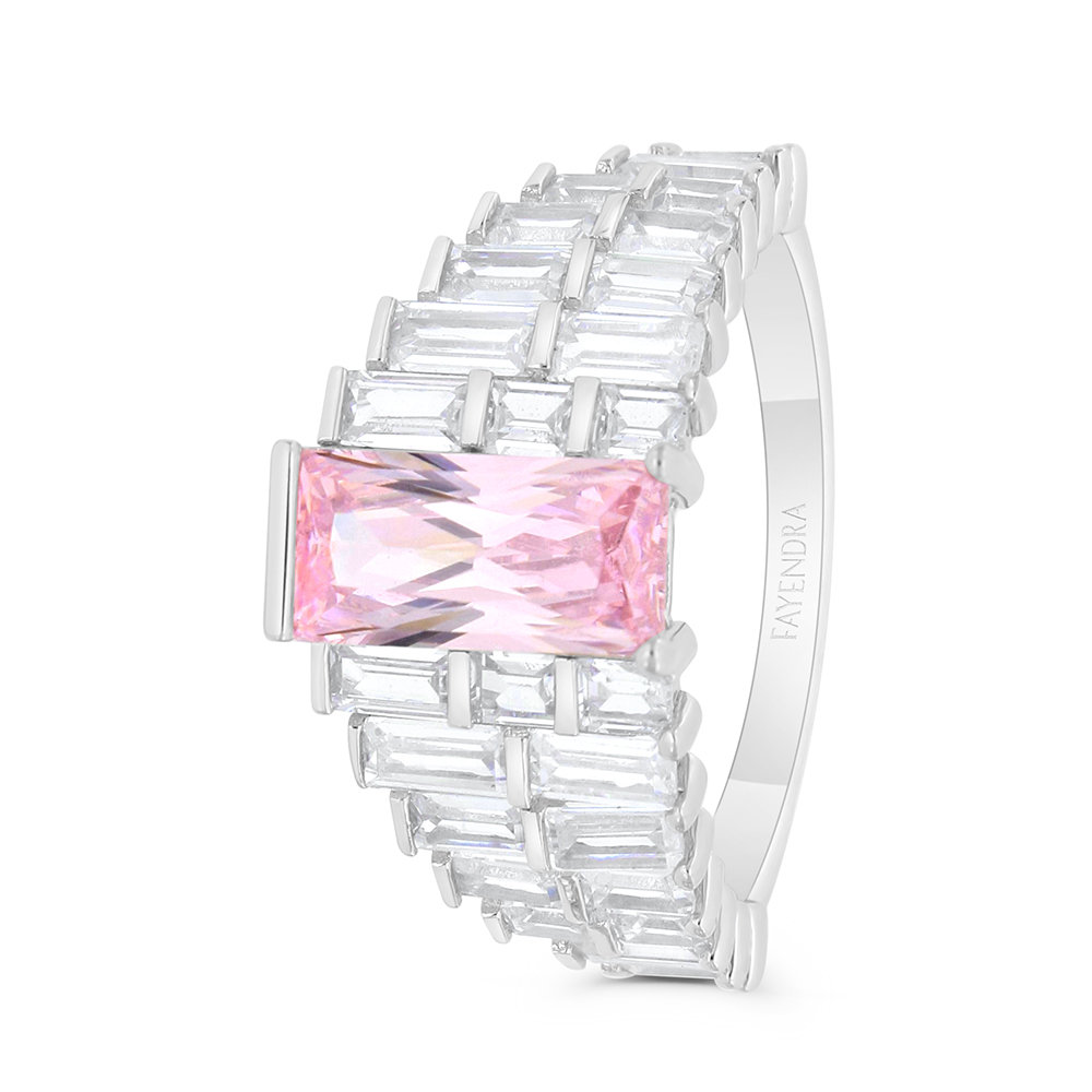 Sterling Silver 925 Ring Rhodium Plated Embedded With Pink Zircon And White CZ