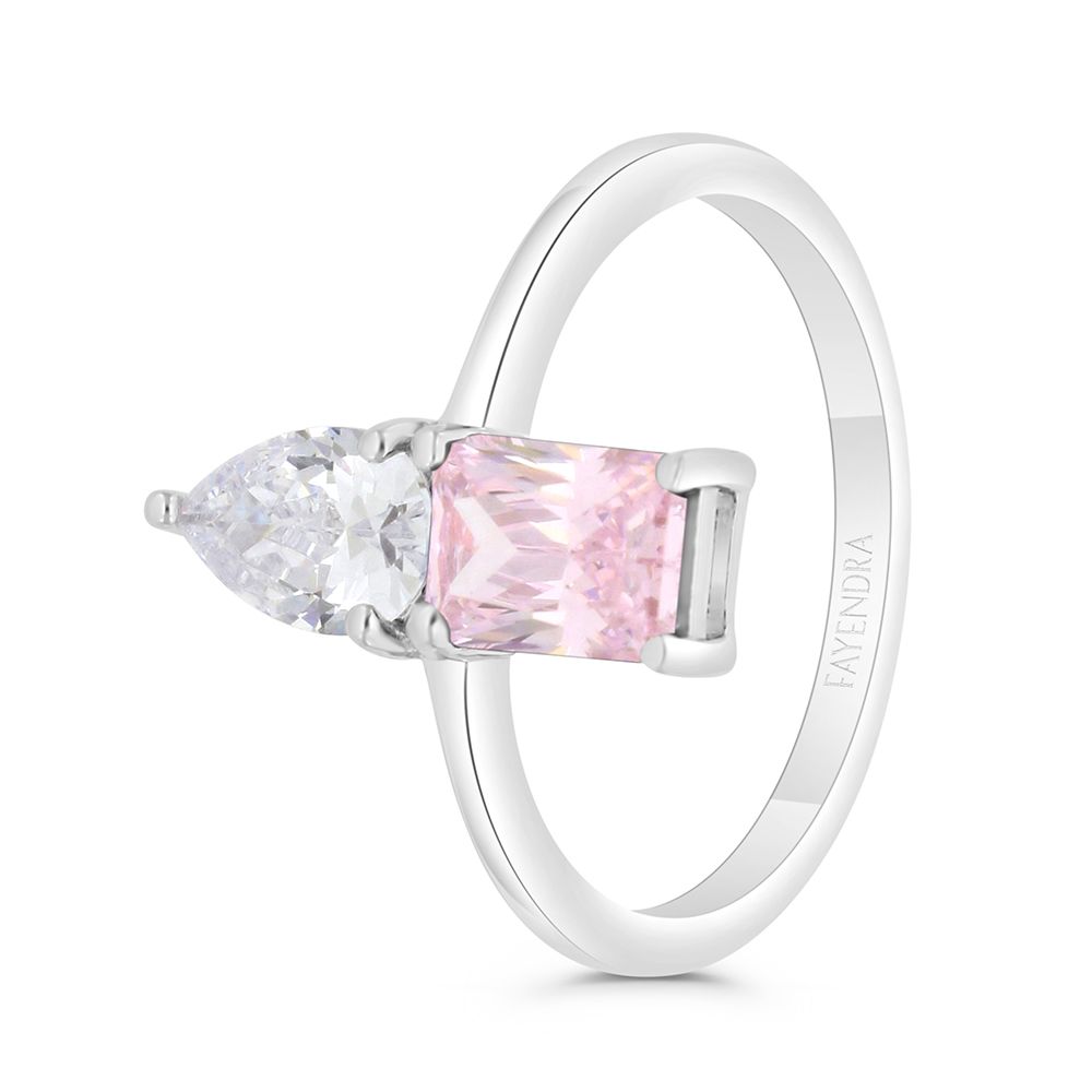 Sterling Silver 925 Ring Rhodium Plated Embedded With Pink Zircon And White CZ