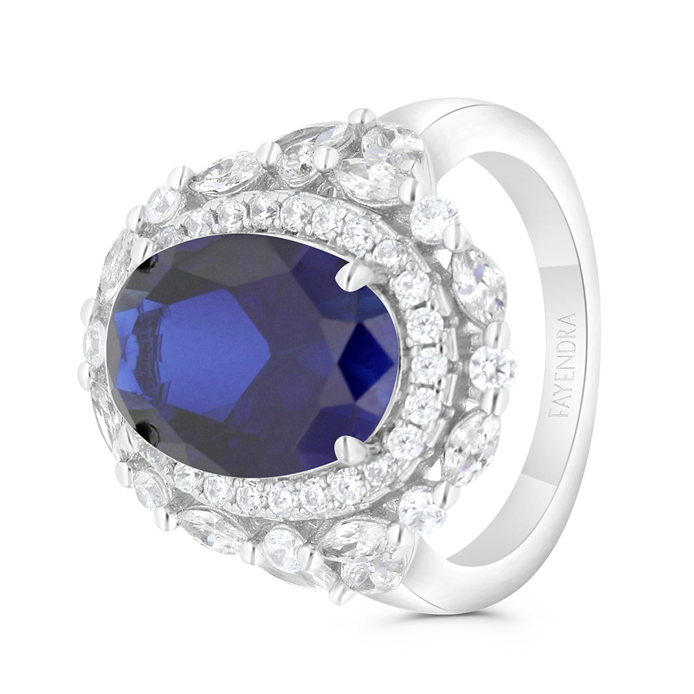 Sterling Silver 925 Ring Rhodium Plated Embedded With Sapphire Corundum And White CZ