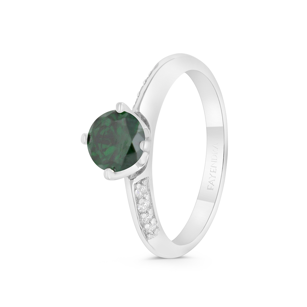 Sterling Silver 925 Ring Rhodium Plated Embedded With Emerald Zircon And White CZ