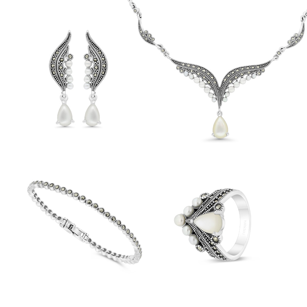 Sterling Silver 925 Set Embedded With Natural White Shell And White Shell Pearl And Marcasite Stones