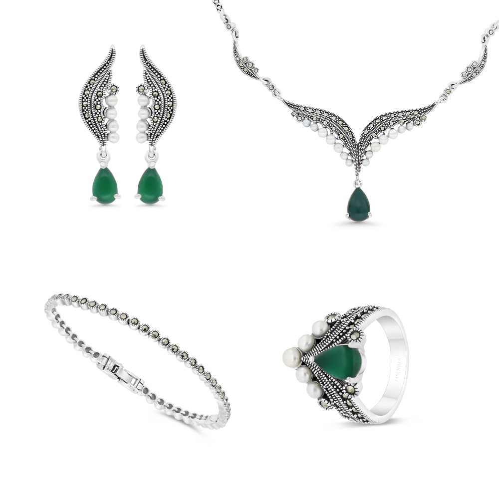 Sterling Silver 925 Set Embedded With Natural Green Agate And White Shell Pearl And Marcasite Stones