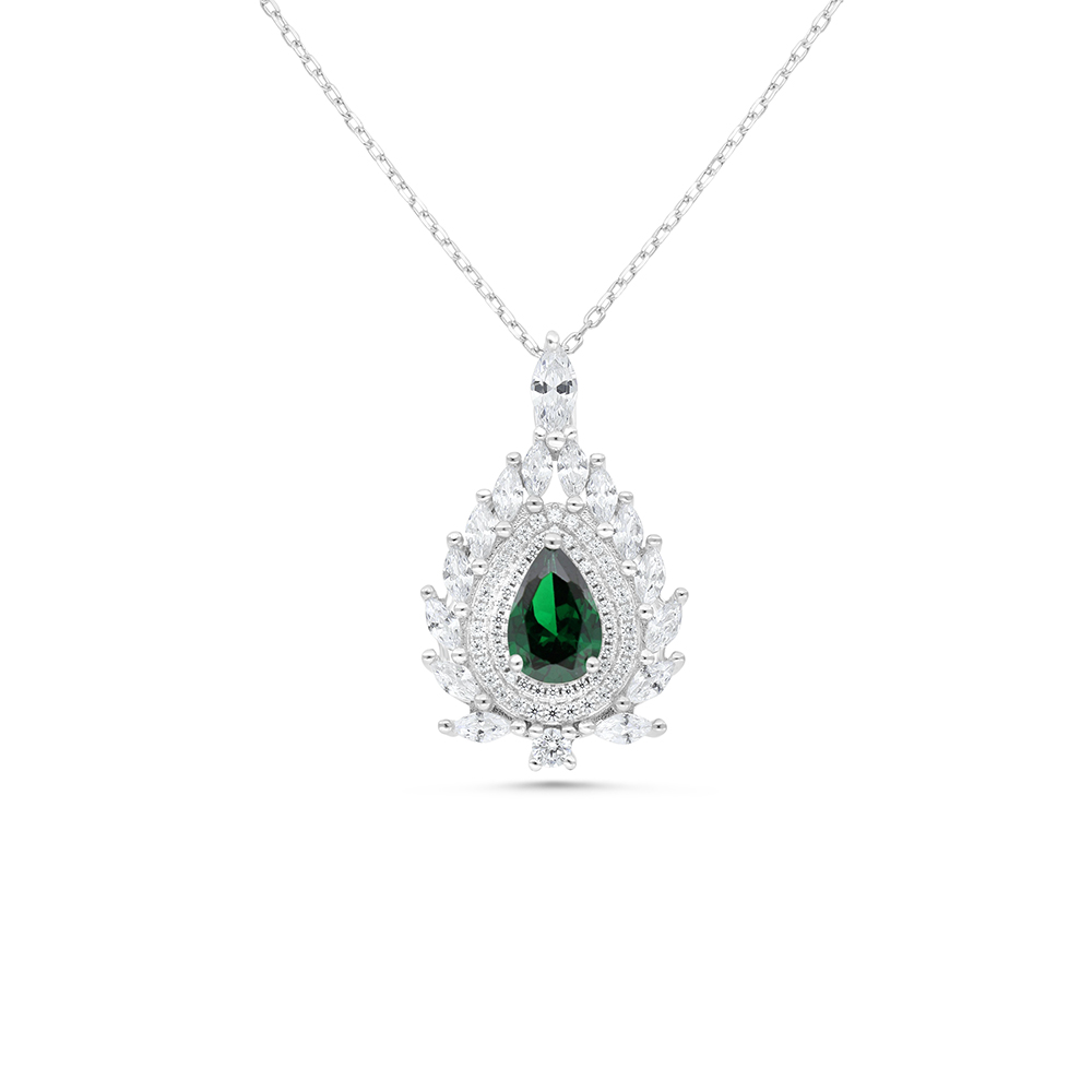 Sterling Silver 925 Necklace Rhodium Plated Embedded With Emerald Zircon And White CZ