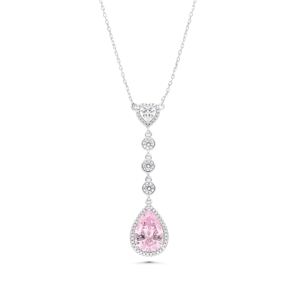 Sterling Silver 925 Necklace Rhodium Plated Embedded With pink Zircon And White CZ