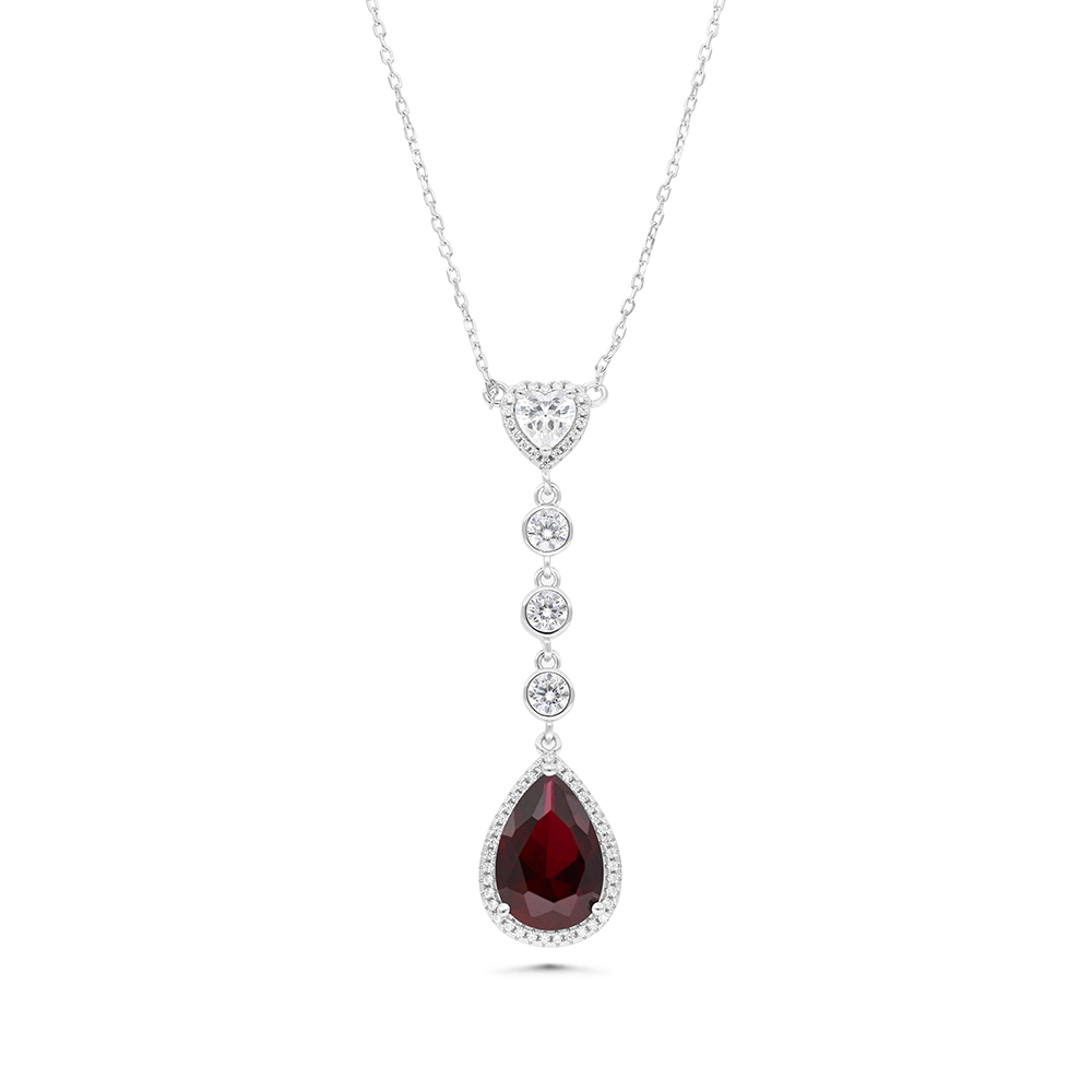 Sterling Silver 925 Necklace Rhodium Plated Embedded With Ruby Corundum And White CZ