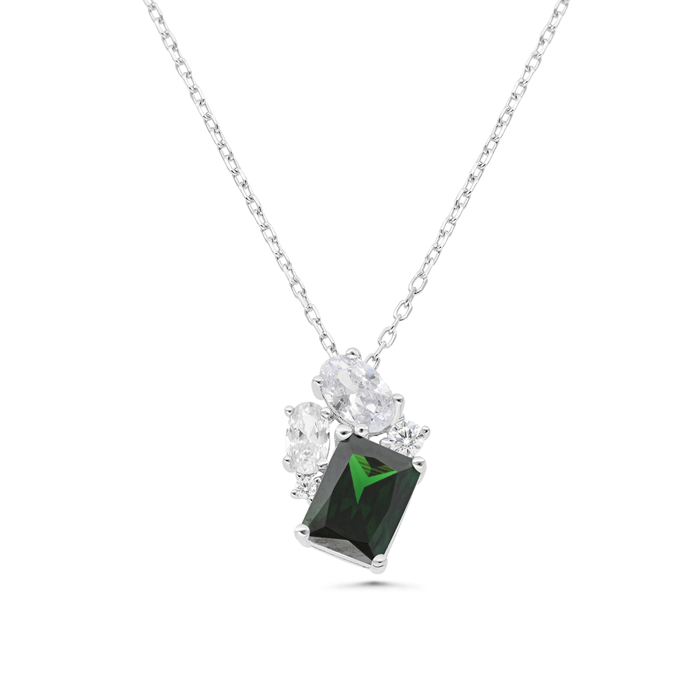 Sterling Silver 925 Necklace Rhodium Plated Embedded With Emerald Zircon And White CZ