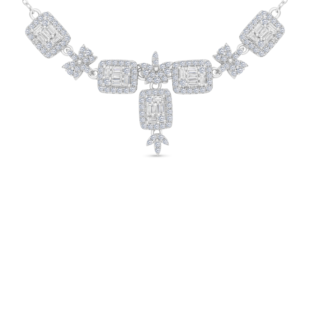 Sterling Silver 925 Necklace Rhodium Plated Embedded With White CZ