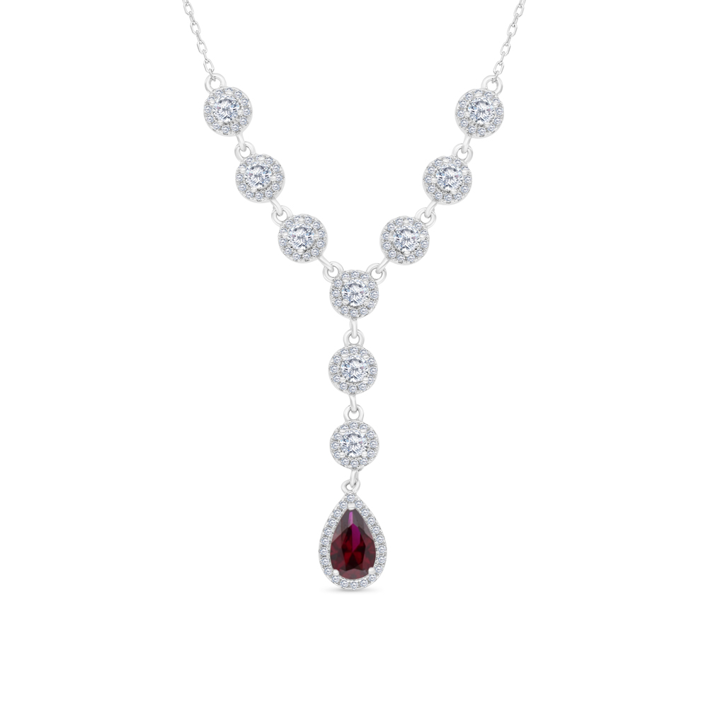 Sterling Silver 925 Necklace Rhodium Plated Embedded With Ruby Corundum And White CZ