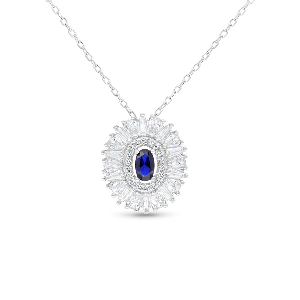 Sterling Silver 925 Necklace Rhodium Plated Embedded With Sapphire Corundum And White CZ