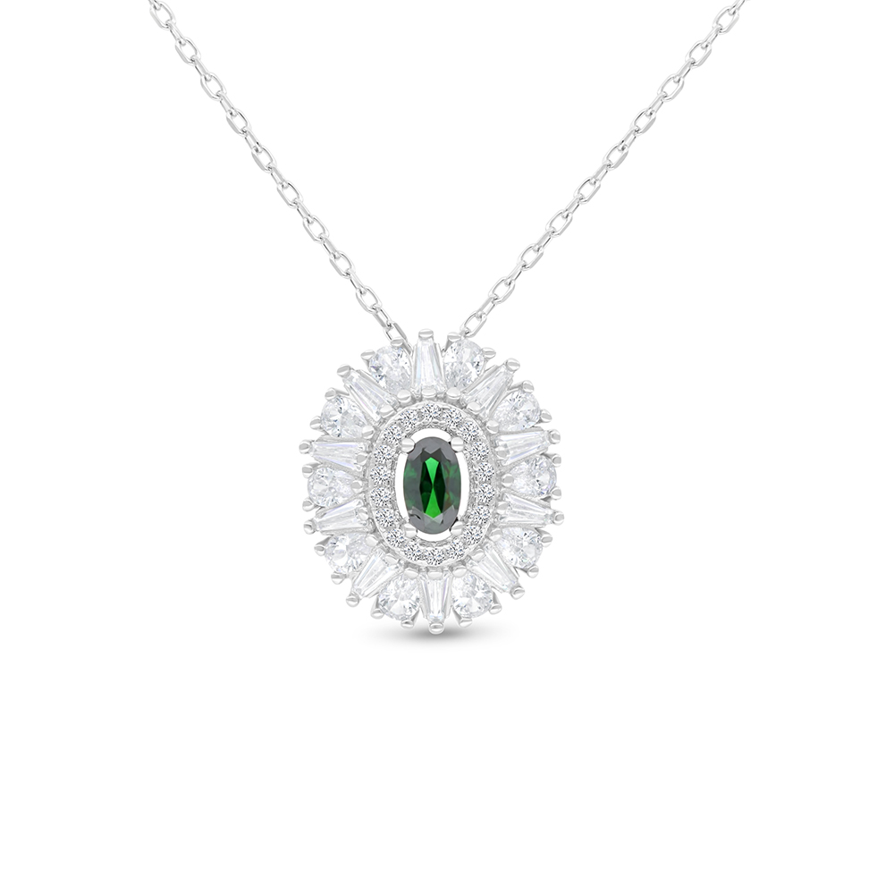 Sterling Silver 925 Necklace Rhodium Plated Embedded With Emerald Zircon And White CZ