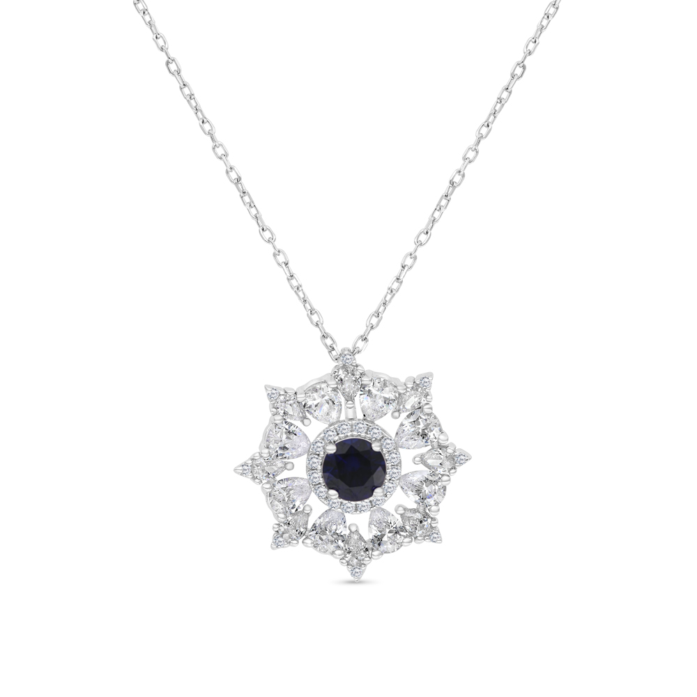 Sterling Silver 925 Necklace Rhodium Plated Embedded With Sapphire Corundum And White CZ