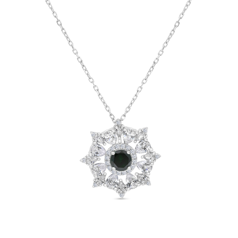 Sterling Silver 925 Necklace Rhodium Plated Embedded With Emerald Zircon And White CZ