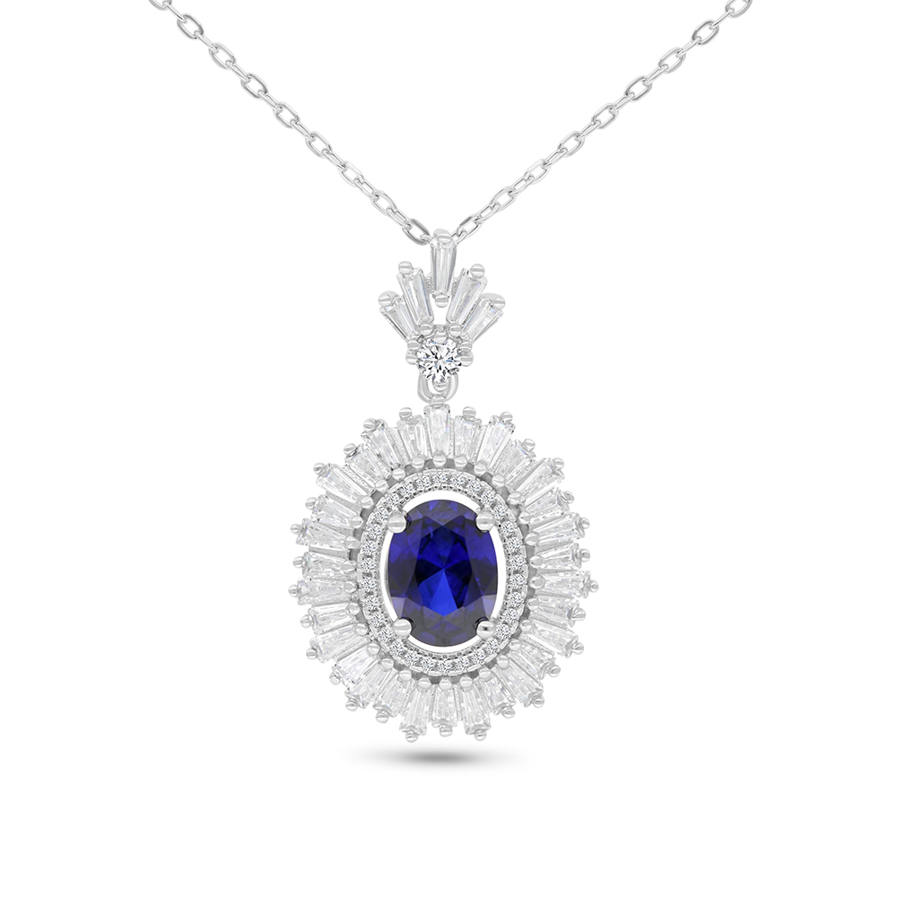 Sterling Silver 925 Necklace Rhodium Plated Embedded With Sapphire Corundum And White CZ