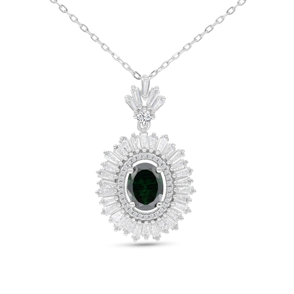 Sterling Silver 925 Necklace Rhodium Plated Embedded With Emerald Zircon And White CZ