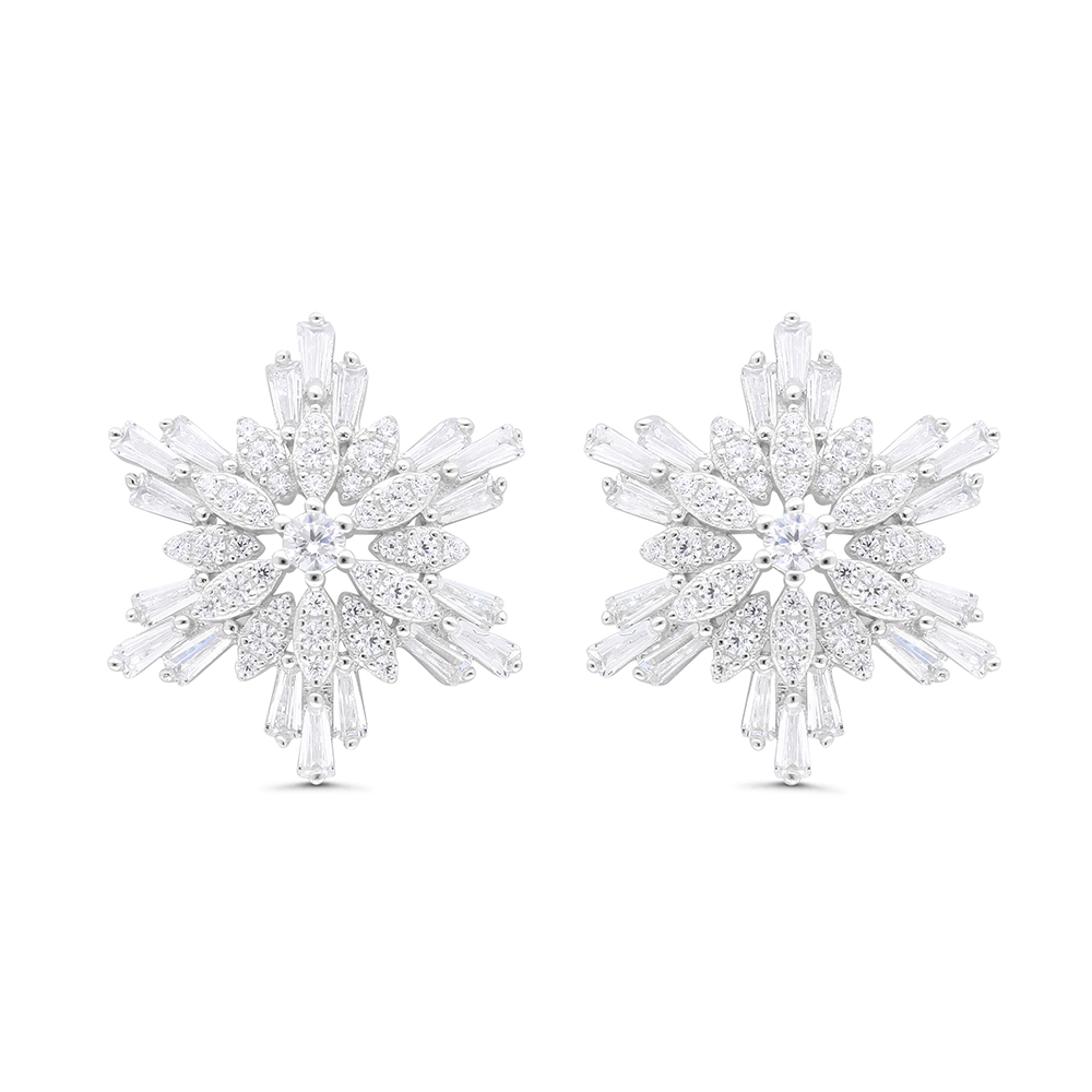 Sterling Silver 925 Earring Rhodium Plated Embedded With White CZ