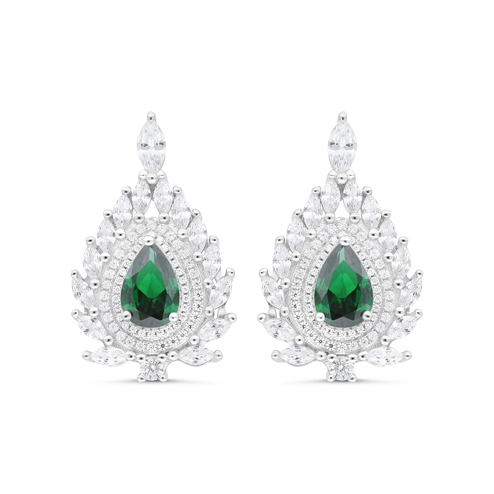 Sterling Silver 925 Earring Rhodium Plated Embedded With Emerald Zircon And White CZ